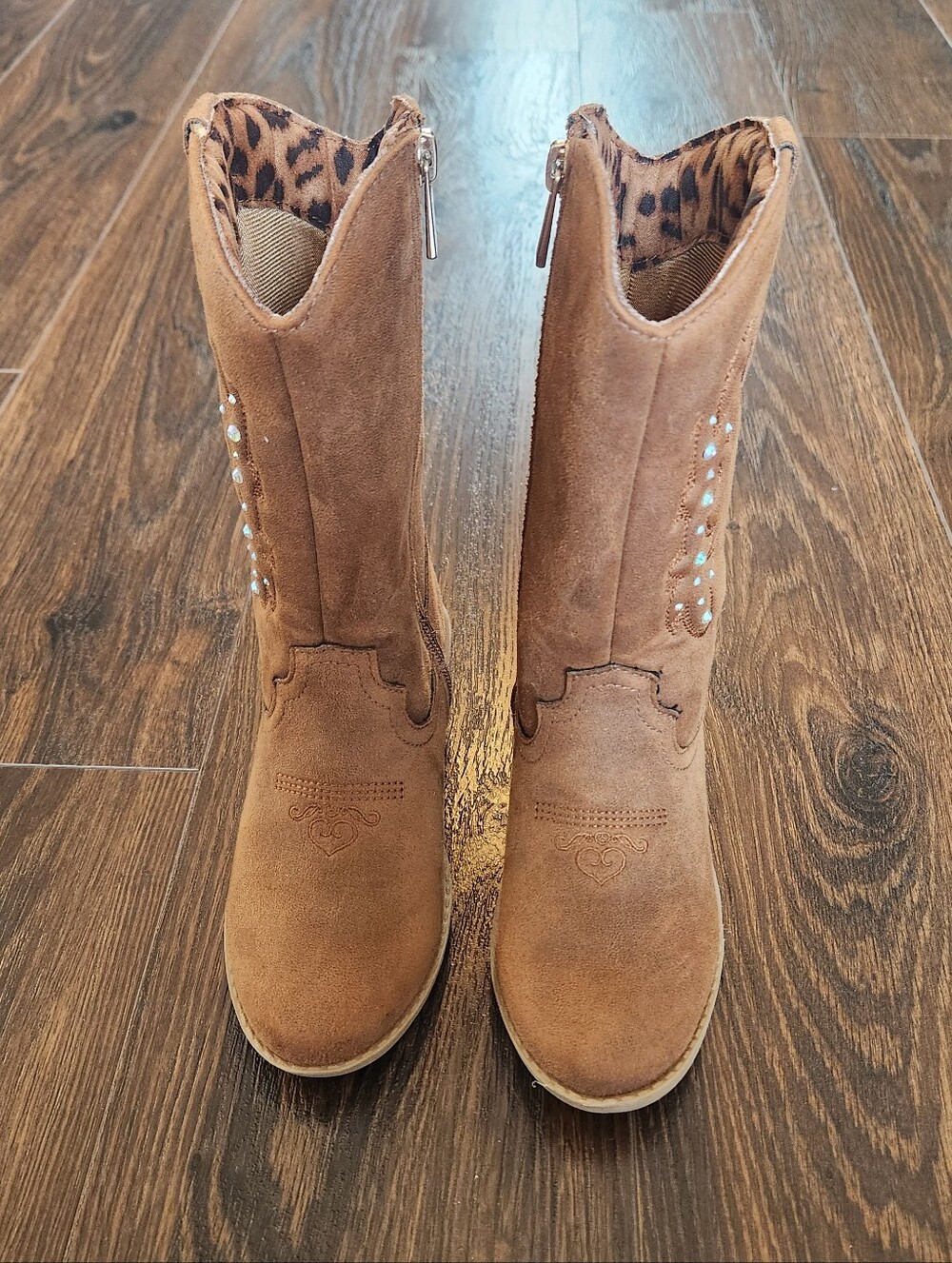 Girls Tan Suede Mid-Calf Western Boots with Stud Detail